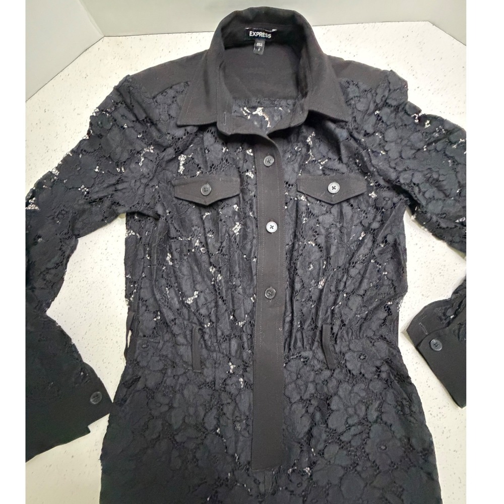 Express Black Floral Lace Utility Jumpsuit Long Sleeve Cargo Pocket Small